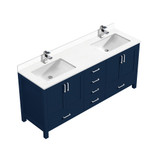 Lexora Jacques 72 in. W Navy Blue Double Sink Vanity Cabinet, White Quartz Top, and Faucet Set
