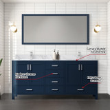 Lexora  LJ342272DEDSM70 Jacques 72 in. W x 22 in. D Navy Blue Double Bath Vanity, Carrara Marble Top, and 28 in. Mirror