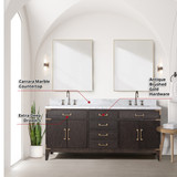 Lexora  LVL72DK110 Laurel 72 in W x 22 in D Brown Oak Double Bath Vanity, Carrara Marble Top, and 34 in Mirrors