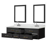 Lexora Castor 72 inch W Black Double Sink Wall Hung Vanity Cabinet, Carrara Marble Top, Faucet Set, and 34 in Mirrors