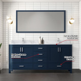 Lexora  LJ342272DEDSM70F Jacques 72 in. W x 22 in. D Navy Blue Double Bath Vanity, Carrara Marble Top, Faucet Set, and 28 in. Mirror