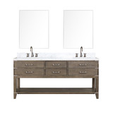 Lexora Norwalk 72 inch W Grey Oak Double Sink Vanity Cabinet, Carrara Marble Top, Faucet Set, and 34 in Mirrors