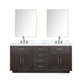 Lexora Abbey 72 inch W Brown Oak Double Sink Vanity Cabinet, Carrara Marble Top, Faucet Set, and 34 in Mirrors