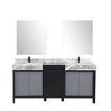 Lexora Zilara 72 inch W Black and Grey Double Sink Vanity Cabinet, Castle Grey Marble Top, Matte Black Faucet Set and 28 in Mirrors