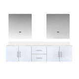 Lexora Geneva 80 in. W Glossy White Wall Mount Double Sink Vanity Cabinet, White Quartz Top, and 30 in. LED Mirrors