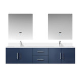 Lexora Geneva 80 in. W Navy Blue Wall Mount Double Sink Vanity Cabinet, White Quartz Top, Faucet Set, and 30 in. LED Mirrors