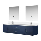 Lexora Geneva 80 in. W Navy Blue Wall Mount Double Sink Vanity Cabinet, Cultured Marble Top, Faucet Set, and 30 in. LED Mirrors