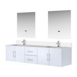 Lexora Geneva 80 in. W Glossy White Wall Mount Double Sink Vanity Cabinet, White Quartz Top, Faucet Set, and 30 in. LED Mirrors