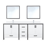 Lexora Ziva 80 inch W White Double Sink Vanity Cabinet, White Quartz Top, Faucet Set and 30 in Mirrors