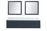 Lexora Castor 80 inch W Blue Double Sink Wall Hung Vanity Cabinet, Carrara Marble Top, and 36 in Mirrors
