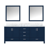 Lexora LJ342280DEDSM30 Jacques 80 in. W Navy Blue Double Sink Vanity Cabinet, Carrara Marble Top, and 30 in. Mirrors