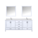 Lexora Jacques 80 in. W White Bath Vanity Cabinet, Cultured Marble Top, Faucet Set, and 30 in. Mirror