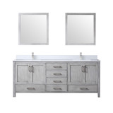 Lexora Jacques 80 in. W Distressed Grey Bath Vanity Cabinet, Cultured Marble Top, Faucet Set, and 30 in. Mirror