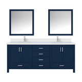 Lexora LVJ80DE311 Jacques 80 in. W Navy Blue Bath Vanity Cabinet, Cultured Marble Top, Faucet Set, and 30 in. Mirror