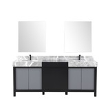 Lexora Zilara 80 inch W Black and Grey Double Sink Vanity Cabinet, Castle Grey Marble Top, Gun Metal Faucet Set and 30 in Mirrors