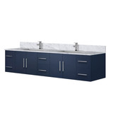 Lexora Geneva 84 in. W Navy Blue Wall Mount Double Sink Vanity Cabinet, Carrara Marble Top, and Faucet Set
