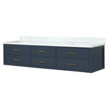 Lexora Castor 84 inch W Blue Double Sink Wall Hung Vanity Cabinet and Carrara Marble Top