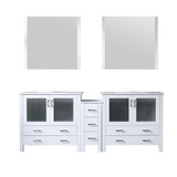 Lexora Volez 84 inch W White Double Sink Vanity Cabinet with Side Cabinet, White Ceramic Top, and 34 in Mirrors