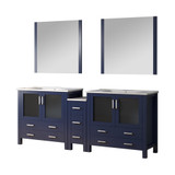 Lexora  LV341884SEESM34 Volez 84 in W x 18.25 in D Navy Blue Double Bath Vanity with Side Cabinet, White Ceramic Top, and 34 in Mirrors