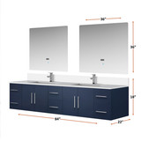 Lexora Geneva 84 in. W Navy Blue Wall Mount Double Sink Vanity Cabinet, White Quartz Top, Faucet Set, and 36 in. LED Mirrors