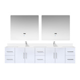 Lexora LVG84DM211 Geneva 84 in. W Glossy White Wall Mount Double Sink Vanity Cabinet, White Quartz Top, Faucet Set, and 36 in. LED Mirrors