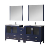 Lexora Volez 84 inch W Navy Blue Double Sink Vanity Cabinet with Side Cabinet, Faucet Set, White Ceramic Top, and 34 in Mirrors