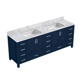 Lexora Jacques 84 in. W Navy Blue Double Sink Vanity Cabinet and Carrara Marble Top