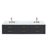 Lexora Castor 84 inch W Black Double Sink Wall Hung Vanity Cabinet, Carrara Marble Top, and Faucet Set