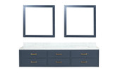 Lexora Castor 84 inch W Blue Double Sink Wall Hung Vanity Cabinet, Carrara Marble Top, and 36 in Mirrors