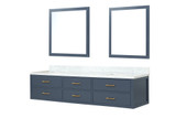 Lexora LVC84DE110 Castor 84 inch W Blue Double Sink Wall Hung Vanity Cabinet, Carrara Marble Top, and 36 in Mirrors