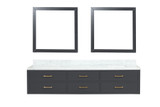 Lexora Castor 84 inch W Black Double Sink Wall Hung Vanity Cabinet, Carrara Marble Top, and 36 in Mirrors