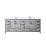 Lexora Jacques 84 in. W Distressed Grey Double Sink Vanity Cabinet, White Quartz Top, and Faucet Set