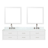 Lexora Castor 84 inch W White Double Sink Wall Hung Vanity Cabinet, Carrara Marble Top, Faucet Set, and 36 in Mirrors