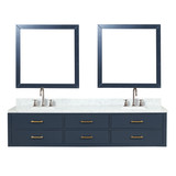 Lexora Castor 84 inch W Blue Double Sink Wall Hung Vanity Cabinet, Carrara Marble Top, Faucet Set, and 36 in Mirrors