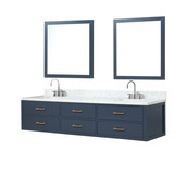 Lexora Castor 84 inch W Blue Double Sink Wall Hung Vanity Cabinet, Carrara Marble Top, Faucet Set, and 36 in Mirrors