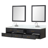 Lexora Castor 84 inch W Black Double Sink Wall Hung Vanity Cabinet, Carrara Marble Top, Faucet Set, and 36 in Mirrors