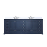 Lexora Dukes 84 in. W Navy Blue Double Sink Vanity Cabinet, White Quartz Top, and Faucet Set