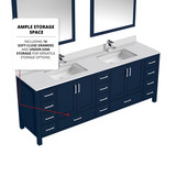 Lexora  LJ342284DEWQM34F Jacques 84 in. W x 22 in. D Navy Blue Double Bath Vanity, White Quartz Top, Faucet Set, and 34 in. Mirrors
