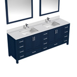 Lexora Jacques 84 in. W Navy Blue Double Sink Vanity Cabinet, White Quartz Top, Faucet Set, and 34 in. Mirrors