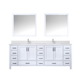 Lexora Jacques 84 in. W White Bath Vanity Cabinet, Cultured Marble Top, Faucet Set, and 34 in. Mirror