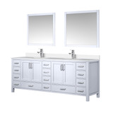 Lexora Jacques 84 in. W White Bath Vanity Cabinet, Cultured Marble Top, Faucet Set, and 34 in. Mirror