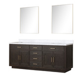 Lexora Abbey 84 inch W Brown Oak Double Sink Vanity Cabinet, Carrara Marble Top, and 36 in Mirrors