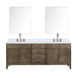 Lexora Laurel 84 inch W Grey Oak Double Sink Vanity Cabinet, Carrara Marble Top, Faucet Set, and 36 in Mirrors
