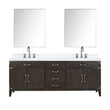 Lexora Laurel 84 inch W Brown Oak Double Sink Vanity Cabinet, Carrara Marble Top, Faucet Set, and 36 in Mirrors