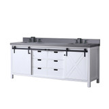 Lexora Marsyas 84 inch W White Double Sink Vanity Cabinet, Grey Quartz Countertop and Faucet Set