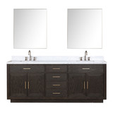 Lexora Abbey 84 inch W Brown Oak Double Sink Vanity Cabinet, Carrara Marble Top, Faucet Set, and 36 in Mirrors
