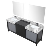 Lexora Zilara 84 inch W Black and Grey Double Sink Vanity Cabinet, Castle Grey Marble Top, Gun Metal Faucet Set and 34 in Mirrors