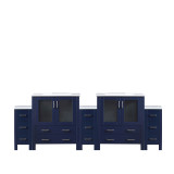 Lexora Volez 96 inch W Navy Blue Double Sink Vanity Cabinet with Side Cabinets, and White Ceramic Top
