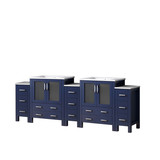 Lexora Volez 96 inch W Navy Blue Double Sink Vanity Cabinet with Side Cabinets, and White Ceramic Top