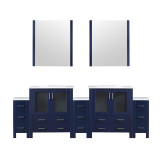 Lexora LVV96D30E610 Volez 96 inch W Navy Blue Double Sink Vanity Cabinet with Side Cabinets, White Ceramic Top, and 28 in Mirrors